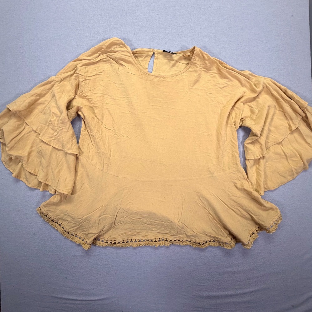 Very J Blouse Womens L Good Mustard Yellow Tiered Bell Sleeve Crochet Fringe